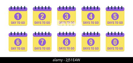 Conto alla rovescia 1, 2, 3, 4, 5, 6, 7, 8, 9, 0 giorni a partire. Timer conto alla rovescia. Icona del calendario. Icona ora. Contare tempo di vendita. Stock vettoriale Illustrazione Vettoriale
