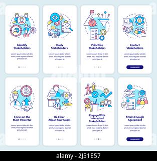 Gestione e analisi delle parti interessate insieme di schermate delle app mobili Illustrazione Vettoriale