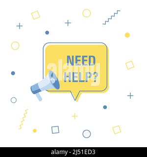 Simbolo di bisogno di aiuto. Banner megafono. Segnale di assistenza. Informazioni sulle FAQ. Altoparlante con fumetto. Segnale di aiuto necessario. Marketing e pubblicità Illustrazione Vettoriale