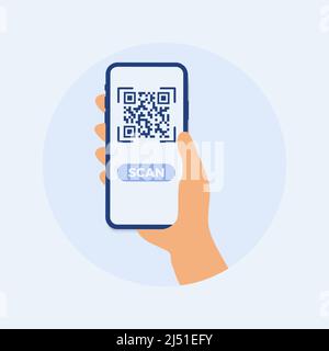 Smartphone mockup in mano umana. Eseguire la scansione del codice QR. Vettore colorate piatte illustrazione della tecnologia Illustrazione Vettoriale