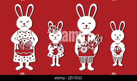 Famiglia coniglietto di Pasqua per il taglio della carta. Impostare l'illustrazione vettoriale dei caratteri di Pasqua Illustrazione Vettoriale
