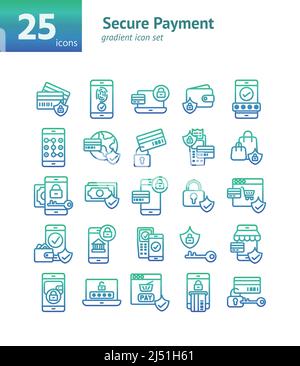 Icona gradiente pagamento sicuro impostata. Vettore e illustrazione. Illustrazione Vettoriale