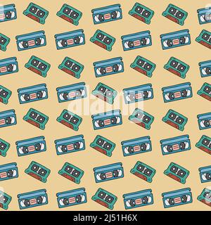 Motivo retrò. Video VHS e nastri audio. 90s doodles stile sfondo senza cuciture. Pattern vettoriale trendy. Illustrazione Doodle per disegni vintage. Illustrazione Vettoriale