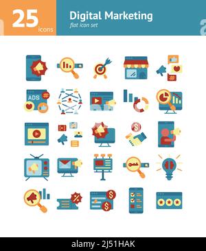 Set di icone piatte per il marketing digitale. Vettore e illustrazione. Illustrazione Vettoriale