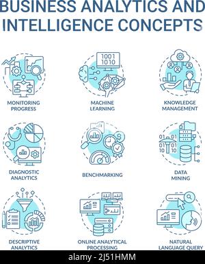 Set di icone di concetto turchesi di Business Analytics e Intelligence Illustrazione Vettoriale