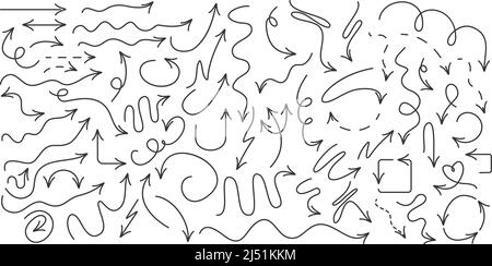 Simbolo della freccia nera disegnato a mano grande insieme isolato su sfondo bianco. Insieme di schizzi di illustrazione vettoriale Illustrazione Vettoriale