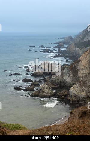 Vista sul mare dal Chimney Rock Trail a Point Reyes National Seashore, Marin County, California, USA, in una giornata poco nuvolosa con bassa marea, featurur Foto Stock