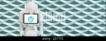 Robot carino che guarda il suo display con il pulsante di accensione e spegnimento di fronte a uno sfondo futuristico in metallo Foto Stock
