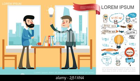 Concetto di idea di affari piatta con i lavoratori hanno idea originale dentro ufficio e sketch aria bollature bollature banner sveglia lampadina iscrizioni aeroplani Illustrazione Vettoriale