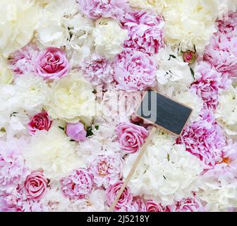 Etichetta in lavagna vuota su sfondo floreale con peonie, rose e ortensie. Risorse grafiche Foto Stock