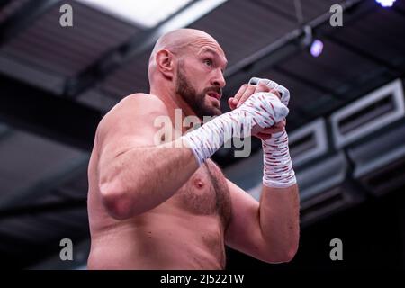 Londra, Inghilterra, Londra, Inghilterra, Regno Unito. 19th Apr 2022. LONDRA, INGHILTERRA - APRILE 19: Tyson Fury colpisce i pad e intrattiene la folla e i media durante l'allenamento Open Prior to Fury vs Whyte per il WBC Heavyweight Title il 19 Aprile 2022 al Wembley Stadium di Londra, Inghilterra, Regno Unito. (Credit Image: © Matt Davies/PX Imagens via ZUMA Press Wire) Foto Stock