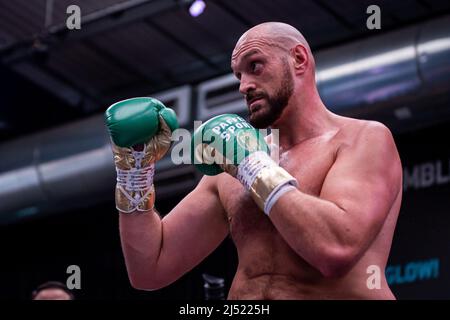 Londra, Inghilterra, Londra, Inghilterra, Regno Unito. 19th Apr 2022. LONDRA, INGHILTERRA - APRILE 19: Tyson Fury colpisce i pad e intrattiene la folla e i media durante l'allenamento Open Prior to Fury vs Whyte per il WBC Heavyweight Title il 19 Aprile 2022 al Wembley Stadium di Londra, Inghilterra, Regno Unito. (Credit Image: © Matt Davies/PX Imagens via ZUMA Press Wire) Foto Stock