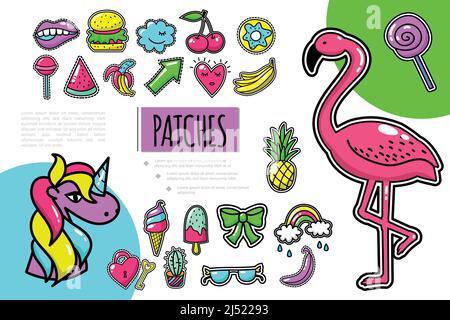 Pop art Patches composizione con fenicottero unicorno frutti arco arcobaleno occhiali chiave burger ciliegia ciambella bocca lollipop vettore illustrazione Illustrazione Vettoriale