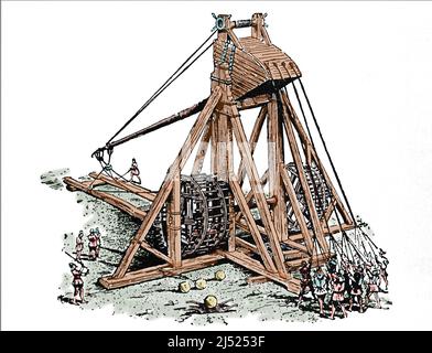 Trebuchet. Tipo di catapulta. Motore di assedio. Incisione, 19th secolo. Foto Stock