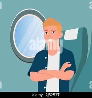 Il ragazzo sta volando in un Airplane.Travel.Vector isolato. Illustrazione Vettoriale