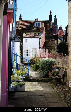 Foto perfette case a Robin Hood's Bay - una popolare destinazione turistica sulla costa dello Yorkshire Foto Stock