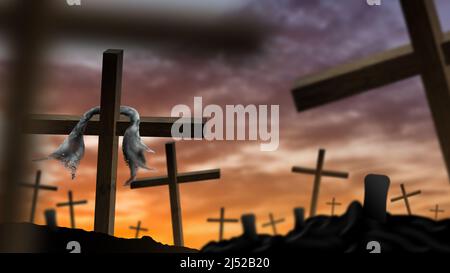 croci di legno su uno sfondo di cielo drammatico Foto Stock