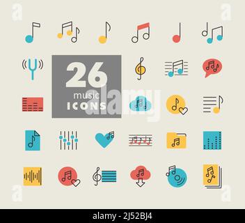 Icone vettoriali delle note musicali impostate. Simbolo grafico per il design di applicazioni, logo, app e siti Web musicali e audio Illustrazione Vettoriale