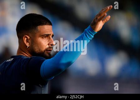 Lorenzo Insigne della SSC Napoli reagisce durante il riscaldamento prima della Serie A partita di calcio tra la SSC Napoli e COME Roma al Diego Armando Maradona Foto Stock