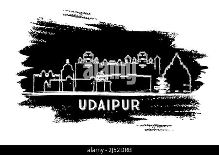 Udaipur India City Skyline Silhouette. Schizzo disegnato a mano. Concetto di viaggio d'affari e turismo con architettura storica. Illustrazione vettoriale. Udaipur Illustrazione Vettoriale