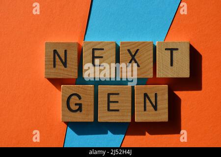 Next Gen, parole in lettere in legno isolate su sfondo colorato Foto Stock