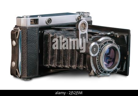 telecamera analogica piegata vintage isolata su sfondo bianco Foto Stock