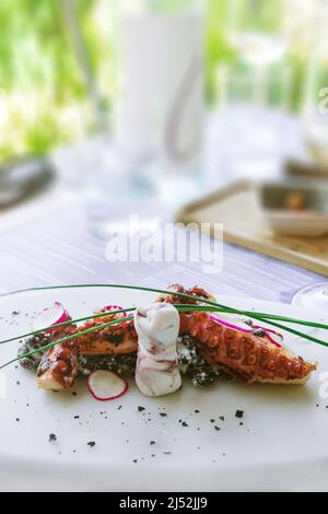 Polpo alla griglia con fagioli neri su un piatto bianco in un ristorante a Menton, Francia. Squisita cucina francese. Riposati sulla costa azzurra. Foto Stock