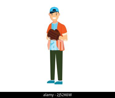 A Boy Playing Baseball Wearing Baseball Glove and Holding Baseball Ball Illustration Vector Illustrazione Vettoriale