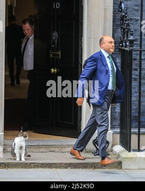 Londra, Regno Unito. 19th Apr, 2022. Andrew Griffith, direttore dell'unità politica n. 10, esce dalla No. 10 Downing Street dopo la riunione del Gabinetto, con Larry The Cat guardia sulla soglia. Credit: Imageplotter/Alamy Live News Foto Stock