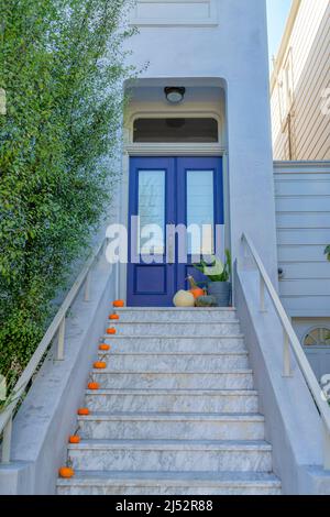 Doppia porta di fronte viola con zucche sulle porte di San Francisco, California Foto Stock