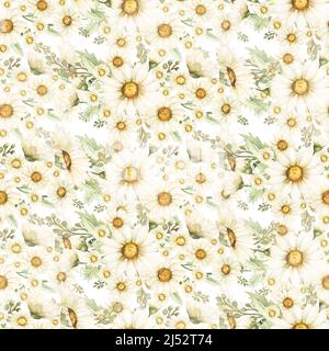 Acquerello disegno a mano bianco margherita fiori senza cuciture pattern, Florals carta ripetizione, camomilla ripetizione sfondo. Carta scrapbook Foto Stock