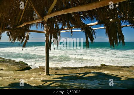 Punto di riferimento storico Windansea Surf Shack adiacente alle onde e surf lungo la spiaggia in una luminosa giornata di sole a Windansea Beach, la Jolla, California, USA Foto Stock