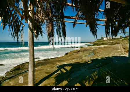 Punto di riferimento storico Windansea Surf Shack adiacente alle onde e surf lungo la spiaggia in una luminosa giornata di sole a Windansea Beach, la Jolla, California, USA Foto Stock