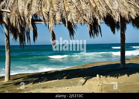 Punto di riferimento storico Windansea Surf Shack adiacente alle onde e surf lungo la spiaggia in una luminosa giornata di sole a Windansea Beach, la Jolla, California, USA Foto Stock