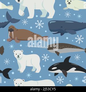 Modello senza giunture con animali artici. Illustrazione vettoriale di cartoni animati di orso polare, foca e balena. Nursery e decorazione del bambino stampa adorabile. Illustrazione Vettoriale