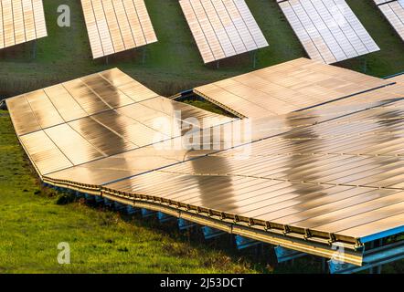 Creazione di energia solare, il Sole che offre energia ecologica e sostenibile alternativa a molti pannelli solari angolati, a un rur Foto Stock
