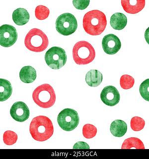 Acquerello disegno a mano senza giunture con rosso verde forme astratte elementi cerchi anelli pallino rotondo, sfondo luminoso estate. Moderno design minimalista in tessuto per carta da parati in tessuto, semplici forme organiche Foto Stock