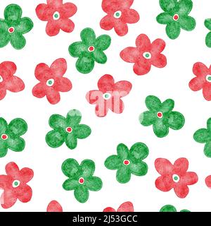 Acquerello disegno a mano senza giunture con rosso verde forme astratte elementi fiori, brillante sfondo estivo. Moderno design minimalista in tessuto per carta da parati in tessuto, semplici forme organiche Foto Stock
