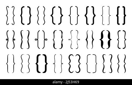 Parentesi quadre, ricurvi, rotonde, quadrate, cornice elegante. Segni di punteggiatura vettoriale isolati di parentesi nere, calligrafia figurò elementi di parentesi graffe e cornici di rinforzo Illustrazione Vettoriale