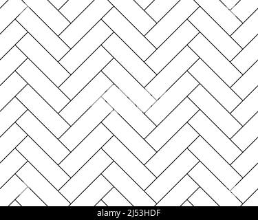 Piastrelle in parquet a spina di pesce, motivo vettoriale senza cuciture di fondo bianco. Piastrelle in parquet a spina di pesce con linea nera di mattoni geometrici diagonali a zigzag, fondo a pavimento o a parete Illustrazione Vettoriale