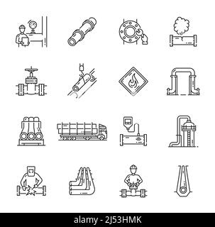 Pipeline, icone dell'industria petrolifera del gas. Sistema vettoriale di tubi di trasporto di petrolio e gas con valvole, rubinetti e tubi, operai di fabbriche petrolifere e di raffinerie, costruzione e riparazione di condotte Illustrazione Vettoriale