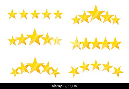 Icone delle stelle di migliore qualità, revisione, valutazione, classificazione vettoriale dei simboli gialli. Risultati per il gioco, opinione del cliente, feedback del cliente. Stelle cartoon per valutazione di app mobili, hotel o ristoranti Illustrazione Vettoriale