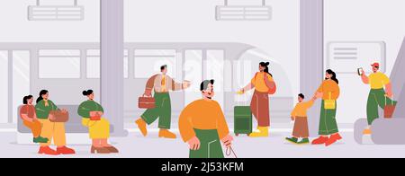 Stazione ferroviaria con treno e folla di persone sulla piattaforma. Stazione metropolitana della città con passeggeri in attesa, donne con bambini, uomo con cane, uomo d'affari, ragazza con valigia. Illustrazione di un cartoon vettoriale Illustrazione Vettoriale