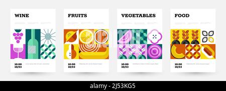 Poster geometrico degli alimenti. Cartellone astratto con frutta e verdura minimalistica per il mercato alimentare e la drogheria. Set vettoriale Illustrazione Vettoriale