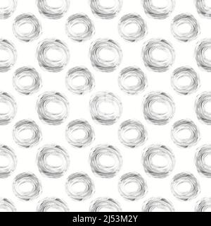 Motivo senza cuciture con spazzola asciutta di forma rotonda, spazzola nera asciugata disegnata a mano su sfondo bianco. Foto Stock