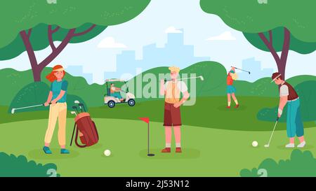 Persone che giocano a golf nel parco verde con prato Illustrazione Vettoriale