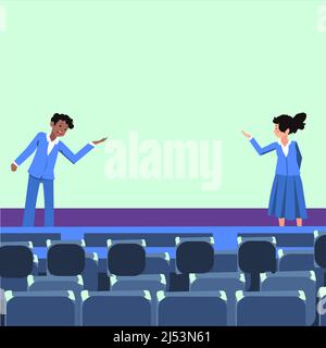 I leader aziendali professionisti che indossano un abbigliamento formale parlano. Modello di ruolo colleghi fase di orientamento di lingua pubblica. Discussione maschile e femminile Illustrazione Vettoriale