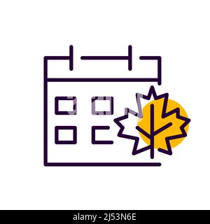 Pagina di calendario Fall Binder con foglia di acero. Pixel Perfect, icona tratto modificabile con disegno a linee colorate Illustrazione Vettoriale