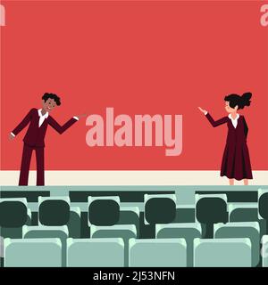 I leader aziendali professionisti che indossano un abbigliamento formale parlano. Modello di ruolo colleghi fase di orientamento di lingua pubblica. Discussione maschile e femminile Illustrazione Vettoriale