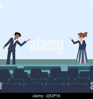 I leader aziendali professionisti che indossano un abbigliamento formale parlano. Modello di ruolo colleghi fase di orientamento di lingua pubblica. Discussione maschile e femminile Illustrazione Vettoriale